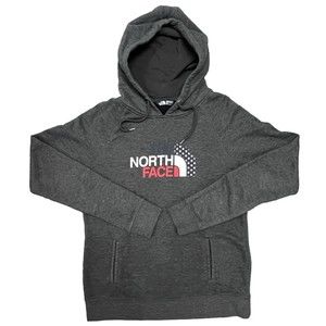 North Face Sweater Women’s Heather Grey Hoodie Pockets America USA Flag | Large